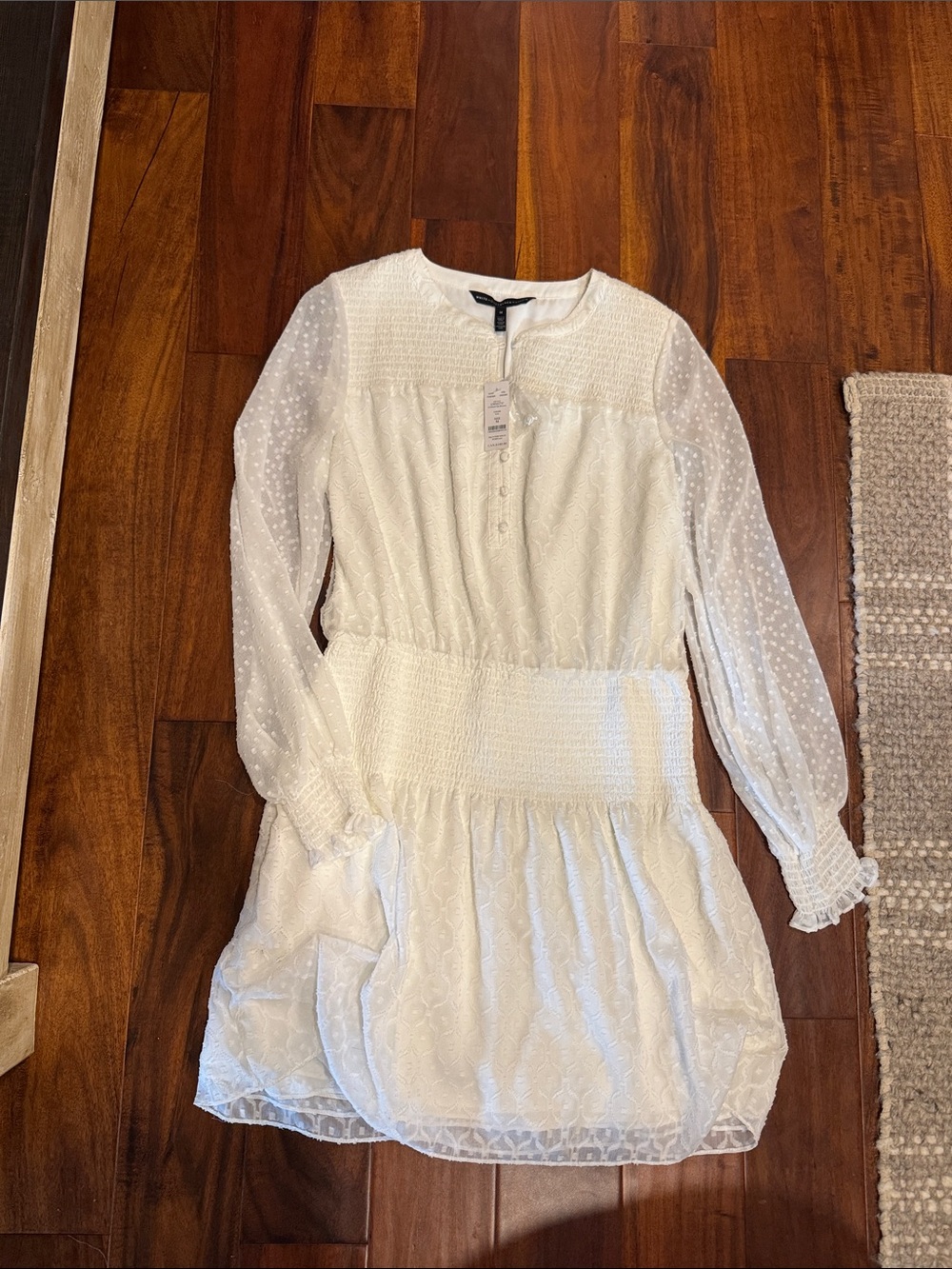 White House Black Market Ivory Textured Long-Sleeve Dress